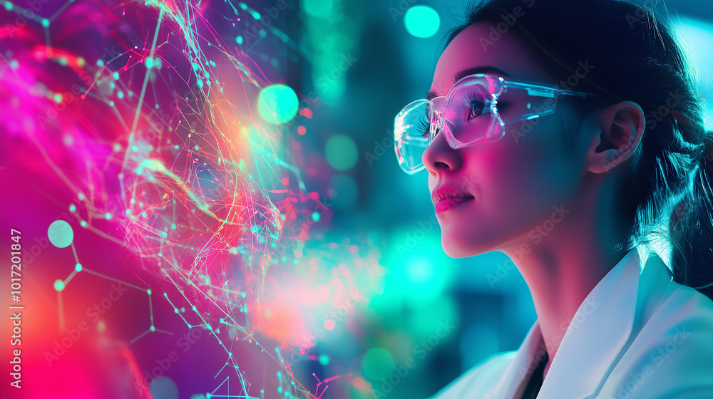 A woman in a lab coat is looking at a computer screen with a colorful background A woman in a lab coat is looking at a computer screen with a colorful background