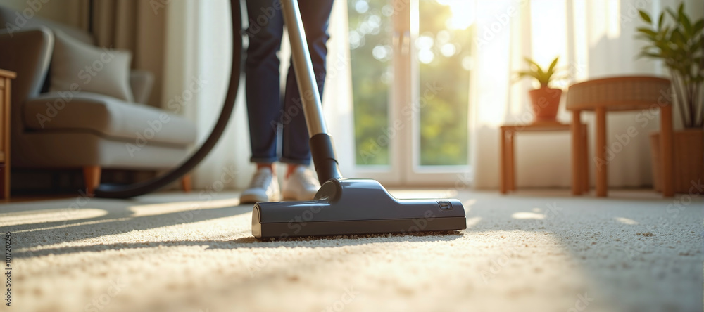 Close-up of a vacuum cleaner that cleans the floor and ensures hygiene in living spaces, dust reduction and well-being through cleanliness Close-up of a vacuum cleaner that cleans the floor and ensures hygiene in living spaces, dust reduction and well-being through cleanliness