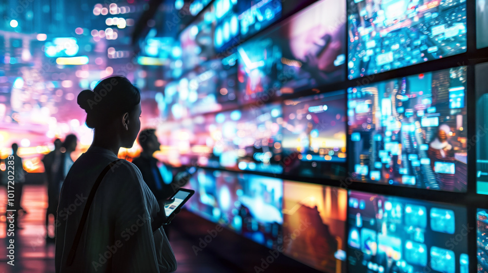 Woman with tablet observing digital wall display in futuristic city setting Woman with tablet observing digital wall display in futuristic city setting