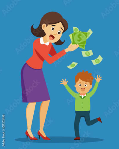 A mother desperately trying to stretch out the last few dollars she has until her next paycheck knowing it wont be enough to cover all of her familys expenses.. Vector illustration