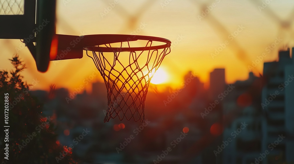 View of the setting sun through an outdoor basketball hoop, with a hazy cityscape in the distance. View of the setting sun through an outdoor basketball hoop, with a hazy cityscape in the distance.