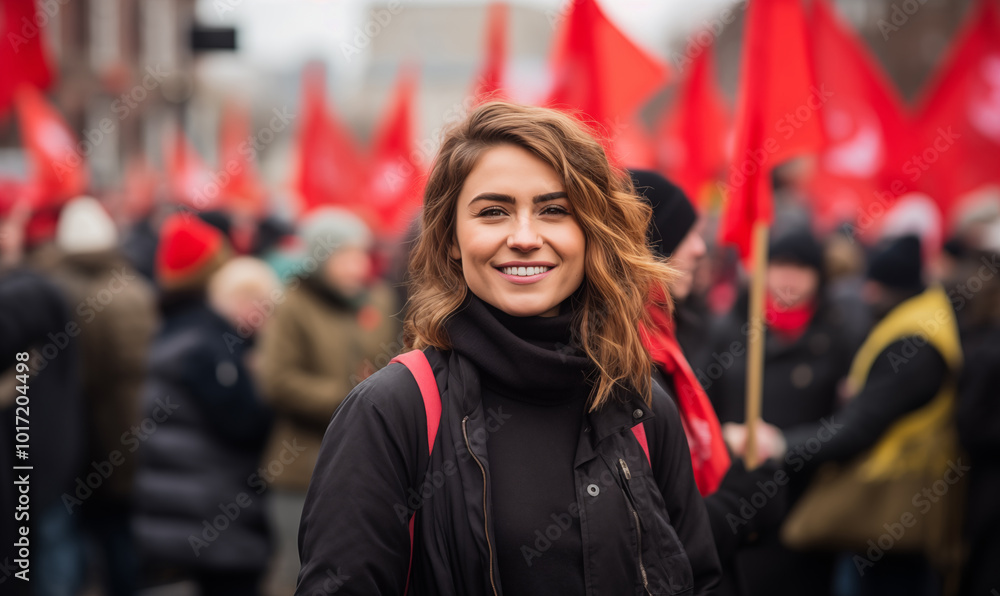 A confident woman reporter smiling while holding a microphone at a breaking news event with a crowd in the background. A confident woman reporter smiling while holding a microphone at a breaking news event with a crowd in the background.