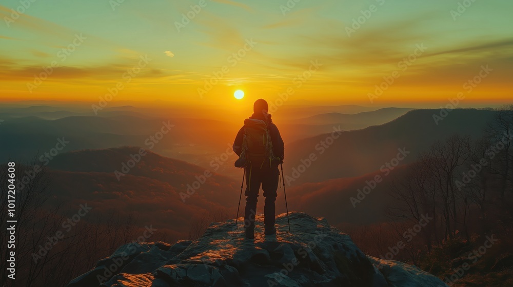 A hiker overlooking a stunning sunset from a mountain peak, surrounded by vast landscapes. A hiker overlooking a stunning sunset from a mountain peak, surrounded by vast landscapes.