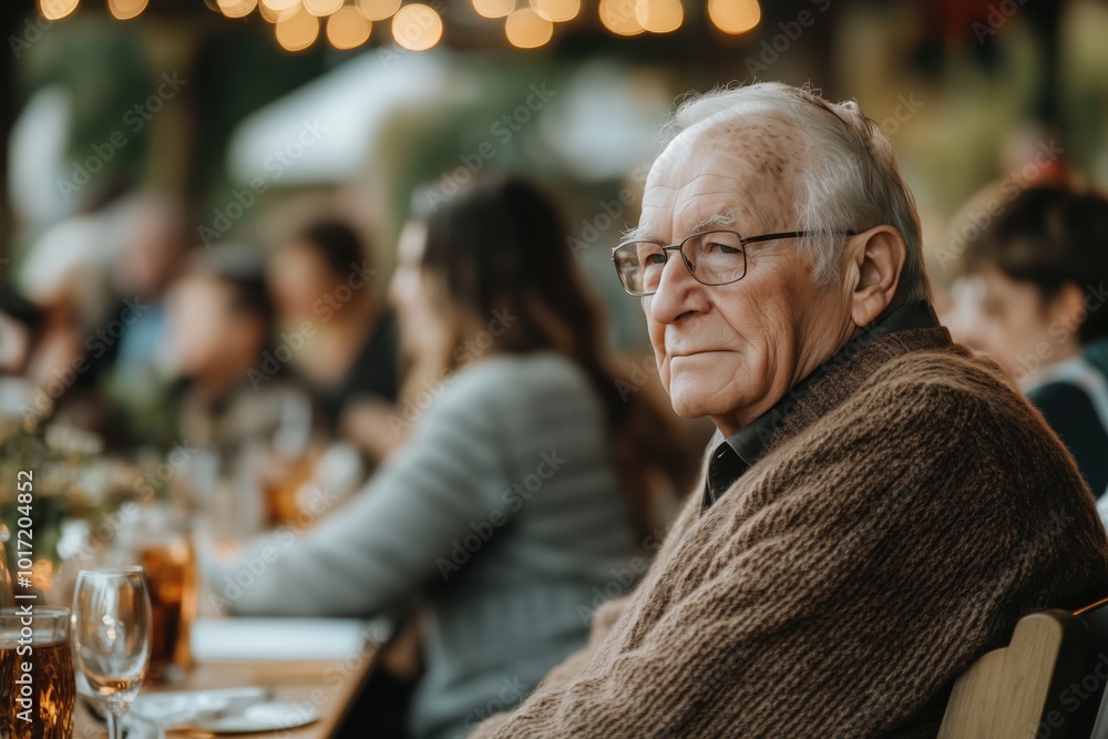 A senior man with glasses sitting quietly at a crowded family gathering, looking thoughtful. A senior man with glasses sitting quietly at a crowded family gathering, looking thoughtful.