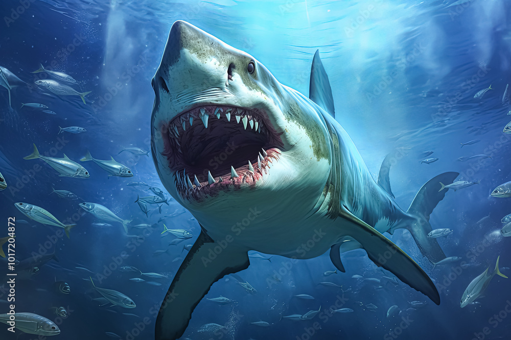 Obraz premium Shark is swimming in the ocean with its mouth open