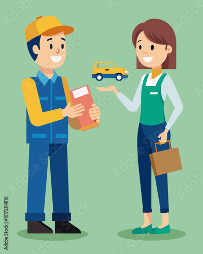 A mechanic offers free oil changes to a bookkeeper in exchange for help with their businesss finances.. Vector illustration