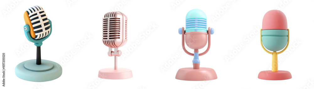 Cartoon 3d microphone icon set collection on transparent cutout background, PNG file. Mockup clipart template Cartoon 3d microphone icon set collection on transparent cutout background, PNG file. Mockup clipart template