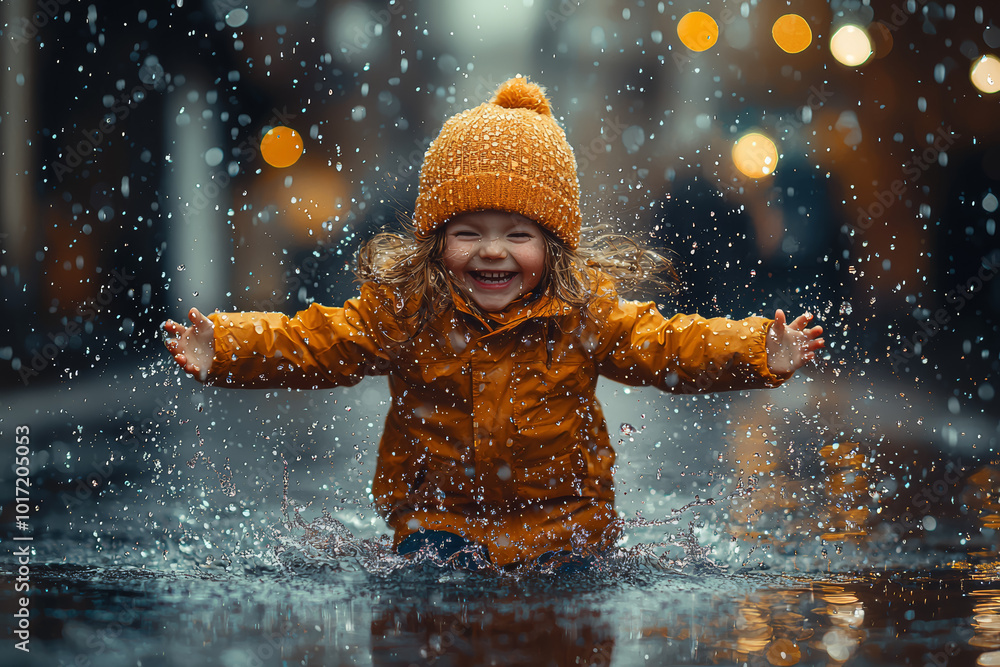 A child playing in the rain, jumping in puddles with a huge grin on their face. Concept of carefree happiness. A child playing in the rain, jumping in puddles with a huge grin on their face. Concept of carefree happiness.