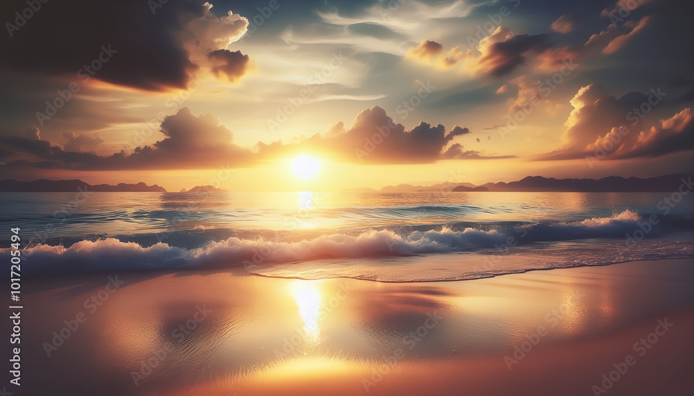 Fototapeta premium Warm sunset hues over gentle waves, a peaceful beach scene.