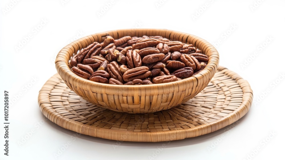 Whole tasty brown pecans in bamboo bowl, isolated on white. Whole tasty brown pecans in bamboo bowl, isolated on white.