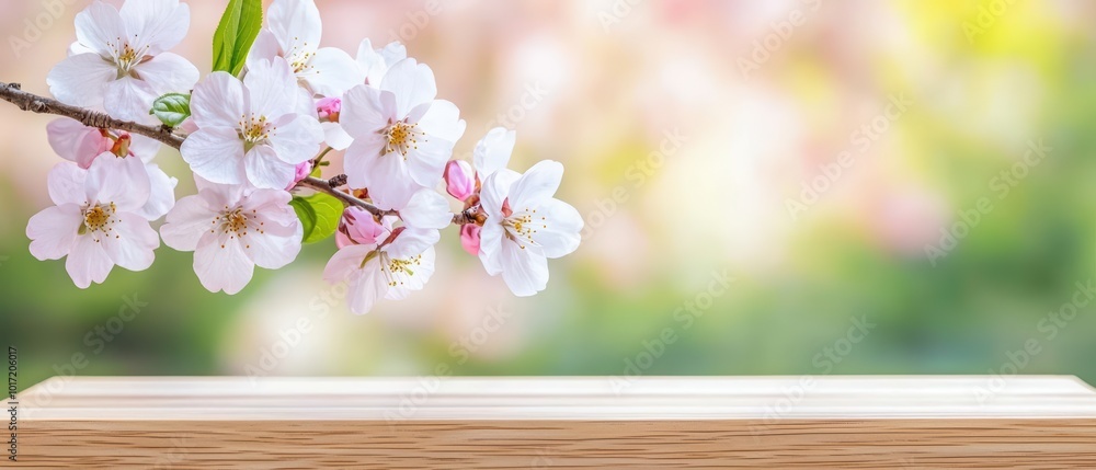 Delicate cherry blossom branch with a soft blurred background and a wooden tabletop, perfect for spring themes. Delicate cherry blossom branch with a soft blurred background and a wooden tabletop, perfect for spring themes.