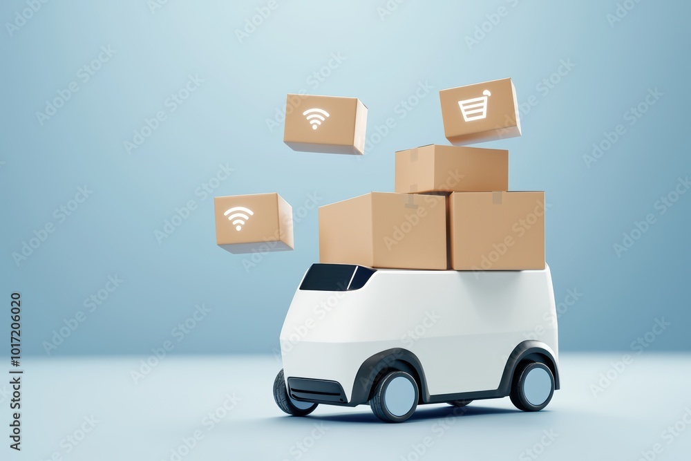 Delivery van with stacked boxes, depicting modern logistics and online shopping. Delivery van with stacked boxes, depicting modern logistics and online shopping.