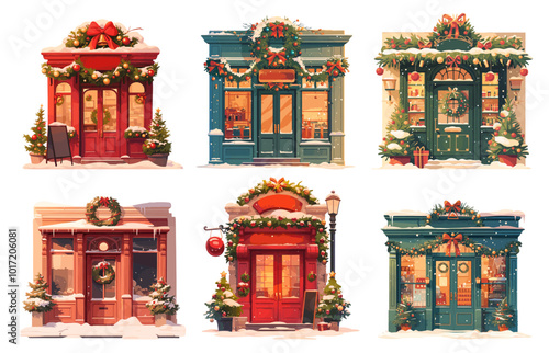 christmas facade cartoon set. festive shop window, winter holiday gifts decoration decor red blue green building element vector illustration