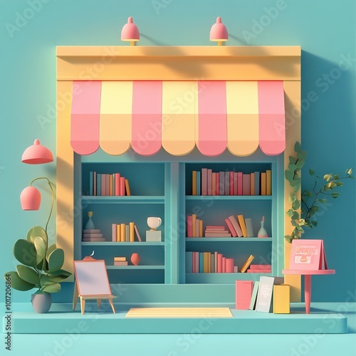 3D Bookstore Window Display Icon: Showcase of Books Illustration Logo