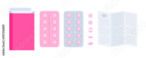 Set of pink pill packs with patient information leaflet. Healthcare, medicine, pharmacy, OTC and prescription drugs concept. Flat vector illustration isolated on a white background with copy space