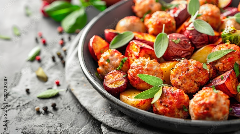 Hearty roasted winter vegetables with small beef meatballs, brussels sprouts, eggplant, and potatoes Hearty roasted winter vegetables with small beef meatballs, brussels sprouts, eggplant, and potatoes