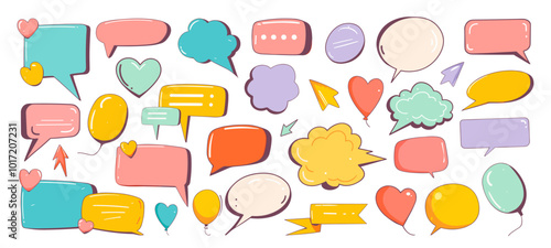 colorful speech bubbles. stickers dialog, talk message element arrows balls clouds turquoise violet pink yellow flat set vector illustration