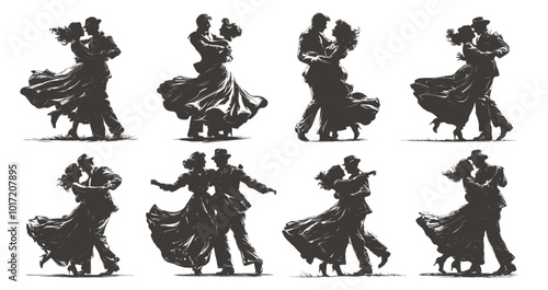 dancing couple silhouette. woman and man in vintage clothes set, retro long dress hat classical dance dancer dancers monochrome vector illustration