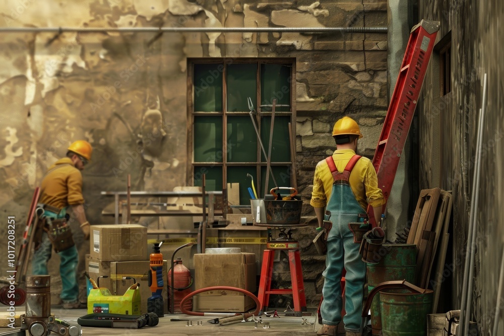 A repair team uses tools and materials on a construction site, surrounded by boxes and equipment, focused on their tasks. Generative AI A repair team uses tools and materials on a construction site, surrounded by boxes and equipment, focused on their tasks. Generative AI