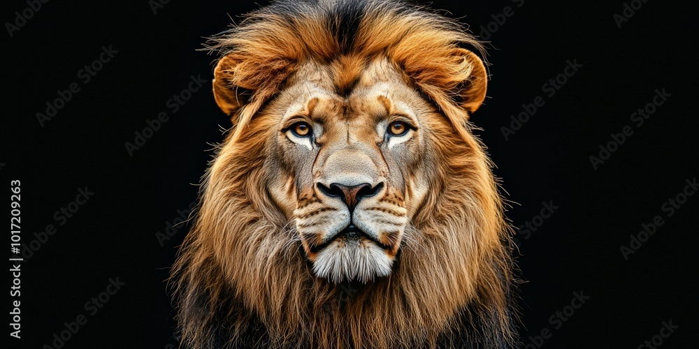 A magnificent hyper-realistic lion with a deep, soulful gaze, looking directly into the camera. Its detailed mane and golden fur glow softly against the black background A magnificent hyper-realistic lion with a deep, soulful gaze, looking directly into the camera. Its detailed mane and golden fur glow softly against the black background