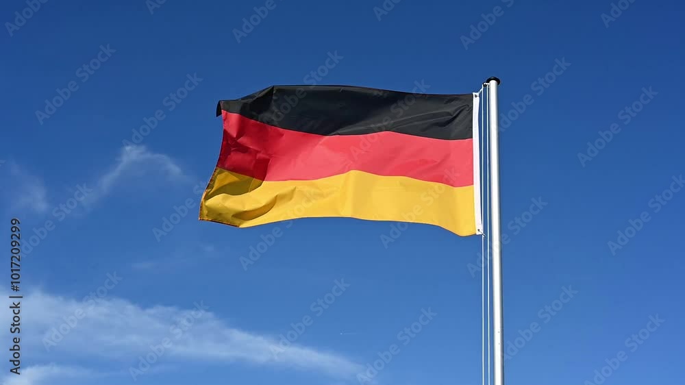 Slow motion, flag of Germany fluttering in the wind against a blue sky Slow motion, flag of Germany fluttering in the wind against a blue sky