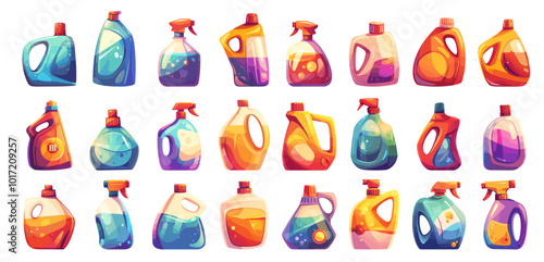 Detergent bottles. Cartoon household chemical products bleach, house cleaning liquid soap laundry products set vector illustration