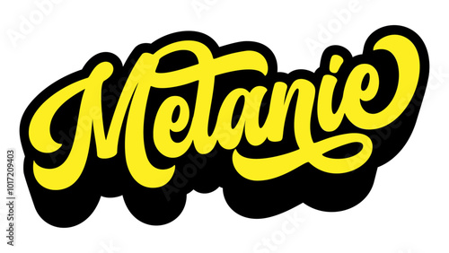 Given name Melanie written in retro groovy three-dimensional script lettering