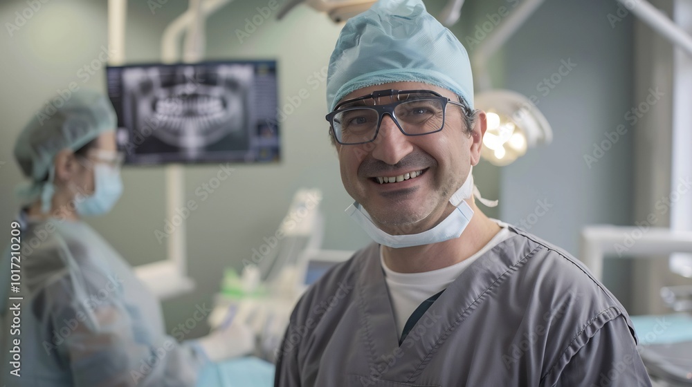 Obraz premium Patient smiling after a successful root canal with the dentist standing nearby