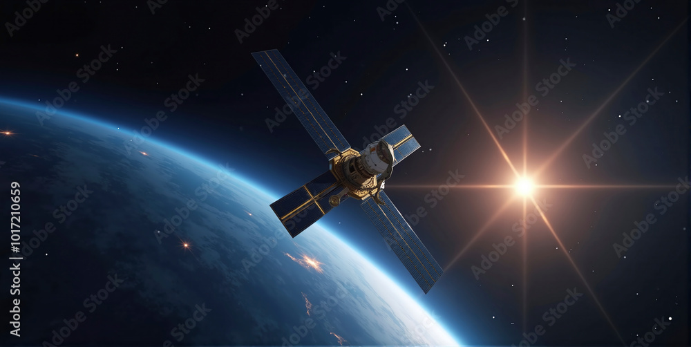 Obraz premium illustrative representation of a satellite receiving, transmitting and relaying signals from the earth's surface