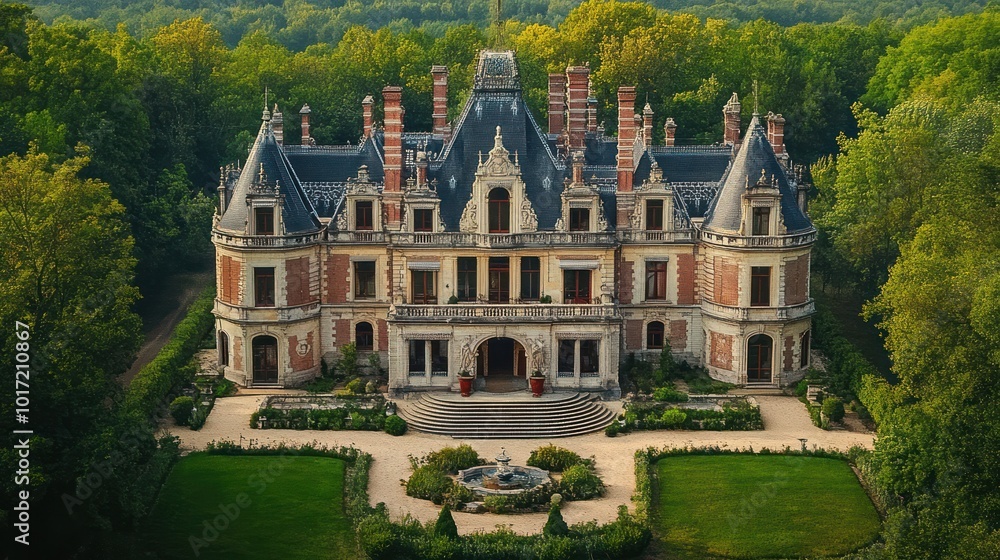 Obraz premium French Chateau Surrounded by Lush Greenery