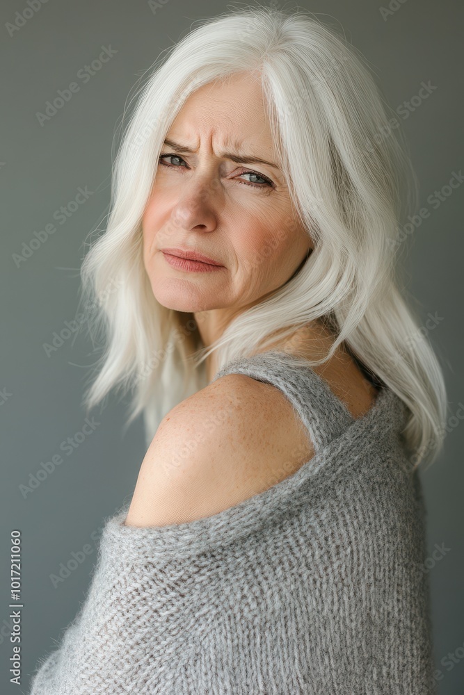 Senior woman with white hair experiencing shoulder pain in a knitted sweater Senior woman with white hair experiencing shoulder pain in a knitted sweater