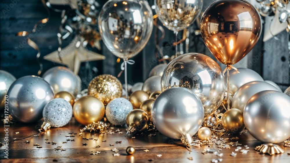 Festive celebration setup with silver, gold, and transparent balloons on a wooden table for party decorations Festive celebration setup with silver, gold, and transparent balloons on a wooden table for party decorations