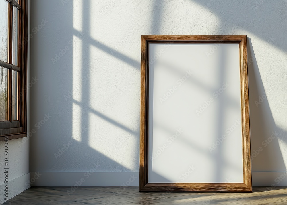 Minimalist mockup of an empty vertical frame leaning against a sunlit wall beside a potted plant Minimalist mockup of an empty vertical frame leaning against a sunlit wall beside a potted plant