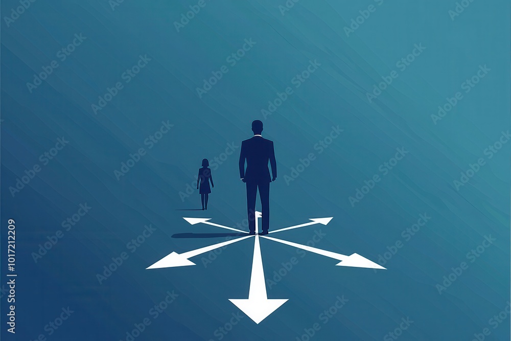 Person standing at crossroads with multiple arrows symbolizing choices and decisions in a minimalist blue concept illustration Person standing at crossroads with multiple arrows symbolizing choices and decisions in a minimalist blue concept illustration