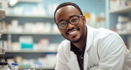 Smiling pharmacist in a lab coat sitting at a pharmacy counter, showcasing customer service and health care professionalism.