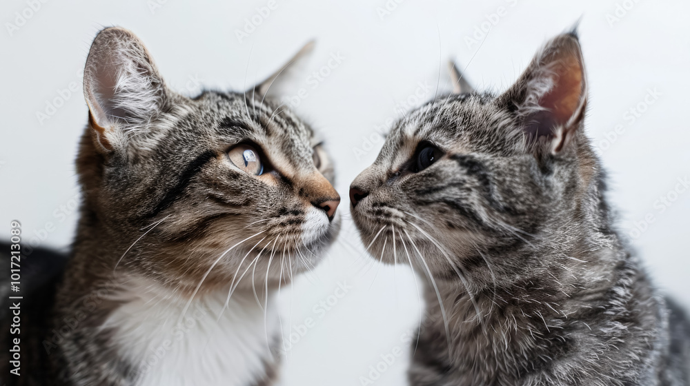 Two cats are looking at each other with their noses touching Two cats are looking at each other with their noses touching