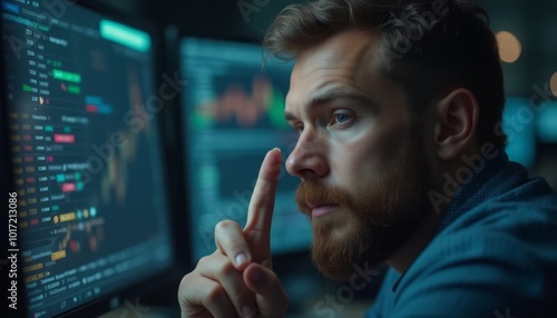 A thoughtful man looking at a computer screen displaying data, focused on analysis and decision-making in a dimly lit room. The image captures concentration and critical thinking. photo