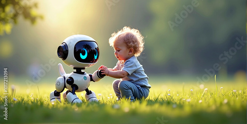 Toddler or child plays happily with a robot dog, Early childhood experiences with new and upcoming high technologies photo