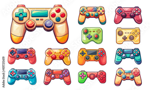 gamepads cartoon set. gamepad, video game joystick color game controller digital vector illustration