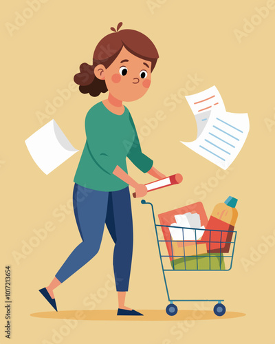 A mother hurriedly throws together a grocery list carefully choosing items that correspond with her expired coupons only to be disappointed at the register.. Vector illustration