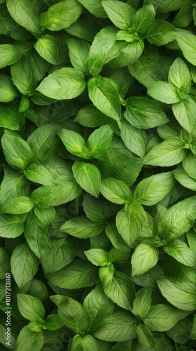 Green Mint Leaves Background in Soft Natural Light. photo