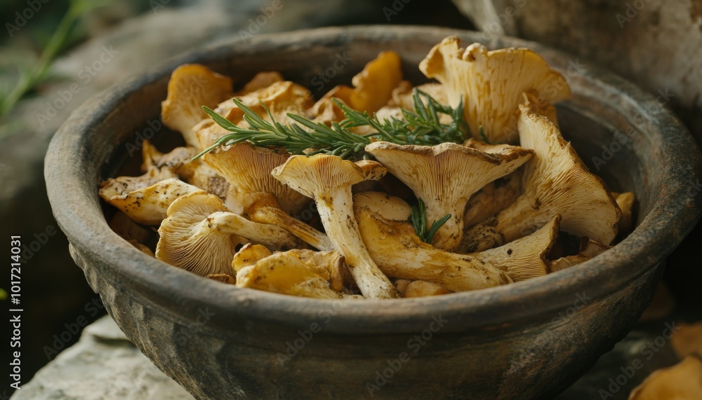 Close-up of fresh chanterelle mushrooms in a rustic bowl with rosemary. Close-up of fresh chanterelle mushrooms in a rustic bowl with rosemary.