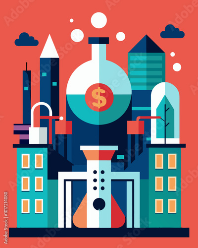 A medical research facility surrounded by walls adorned with expensive artwork funded by pharmaceutical companies that profit off of expensive treatments.. Vector illustration