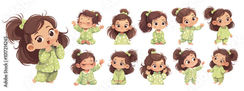 girl in green pajamas. little lady brunette cartoon set, cheerful cute child bow tail comfortable suit home clothes vector illustration