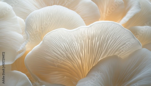 Close-up of oyster mushrooms with delicate gills and soft white color.