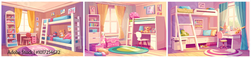 girl room interior. pink nursery little lady background cartoon, bedroom for child teenager bunk bed toys table vector illustration