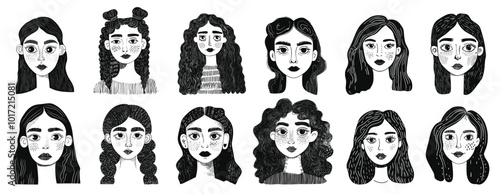 girls doodle portrait. linear monochrome avatar of women, face curls braids freckles black and white graphics caricature image vector illustration