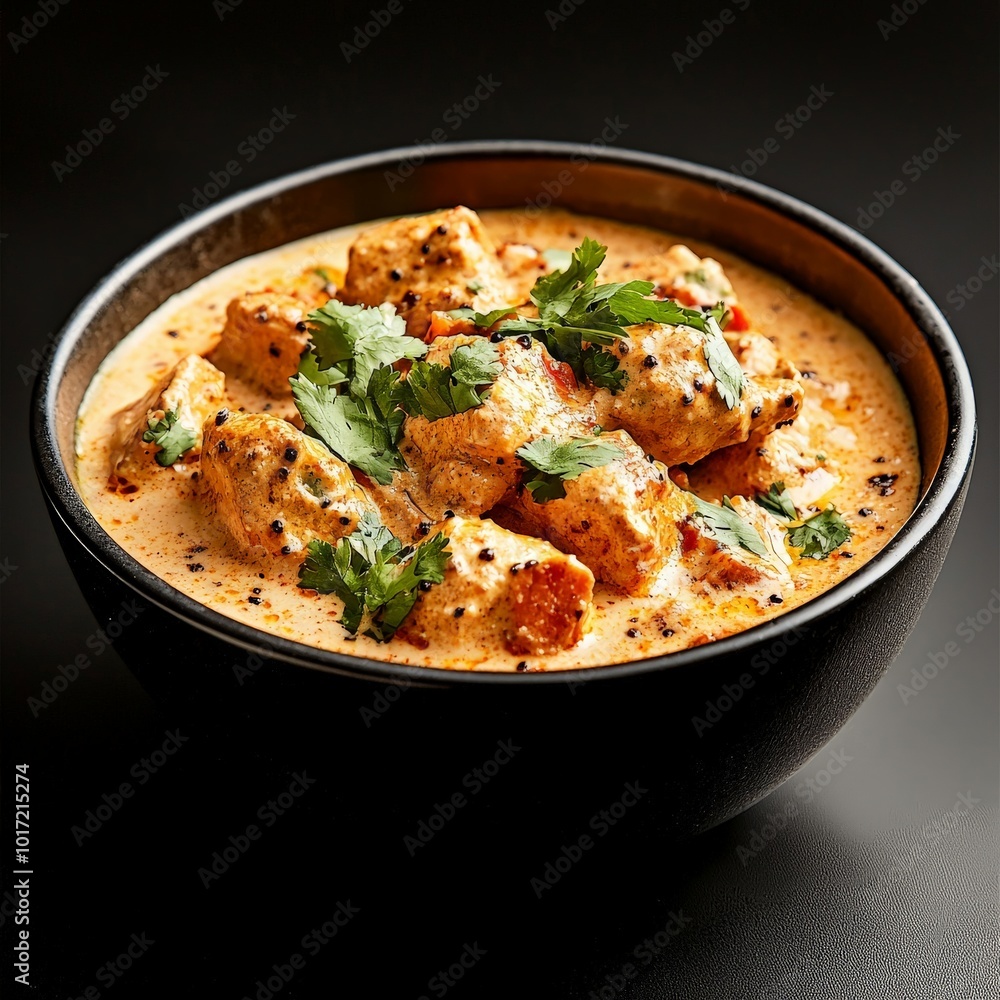 A bowl of korma curry, with studio lighting enhancing the richness of the creamy sauce and delicate spices. A bowl of korma curry, with studio lighting enhancing the richness of the creamy sauce and delicate spices.