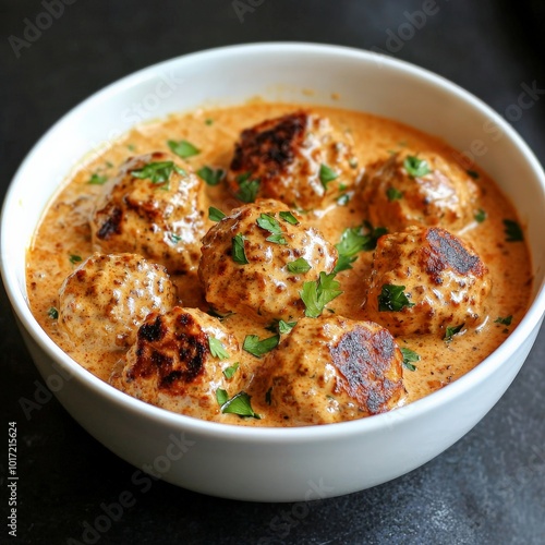 A bowl of rich, creamy malai kofta, perfectly lit to emphasize the softness of the koftas and the luxurious sauce.