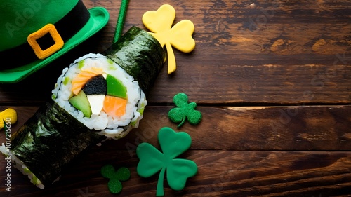 St. Patrick's Day sushi roll with green nori and holiday props